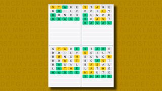 Quordle Daily Sequence answers for game 953 on a yellow background