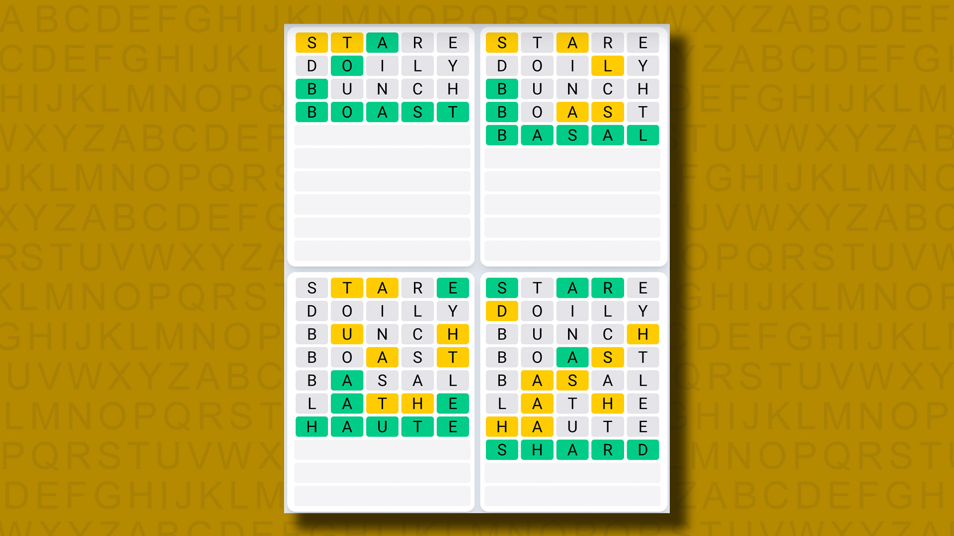 پاسخ Quordle Daily Sequence برای بازی 953 در پس زمینه زرد