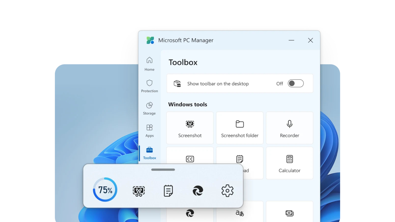 Microsoft PC Manager toolbox and toolbar
