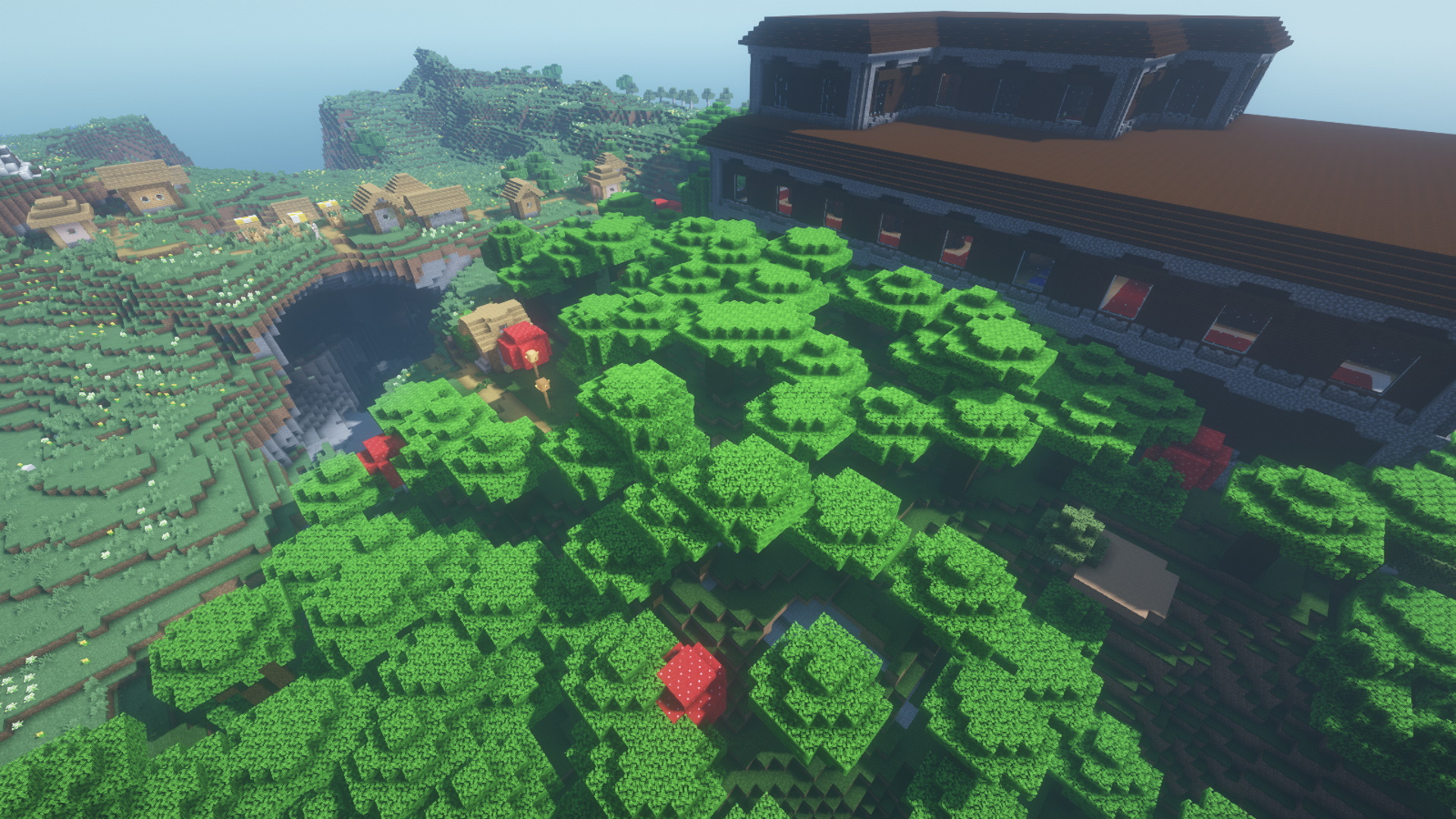 Minecraft seed - a woodland mansion in a forest near a small village