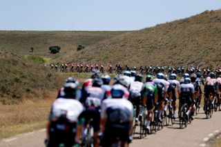 MOLINA DE ARAGON SPAIN AUGUST 17 The peloton passing through a landscape during the 76th Tour of Spain 2021 Stage 4 a 1639km stage from El Burgo de Osma to Molina de Aragn 1134m lavuelta LaVuelta21 on August 17 2021 in Molina de Aragn Spain Photo by Gonzalo Arroyo MorenoGetty Images