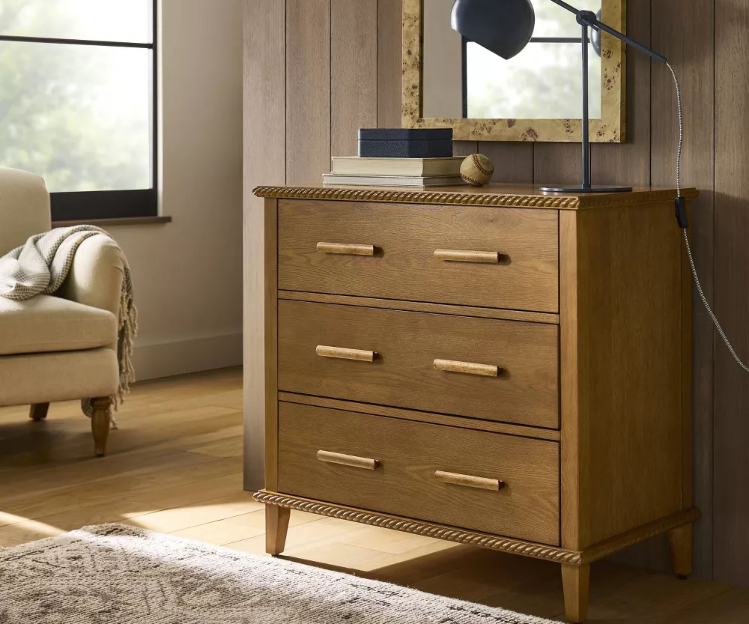 wooden dresser designed by studio mcgee for target with a rope detailing and wooden handles