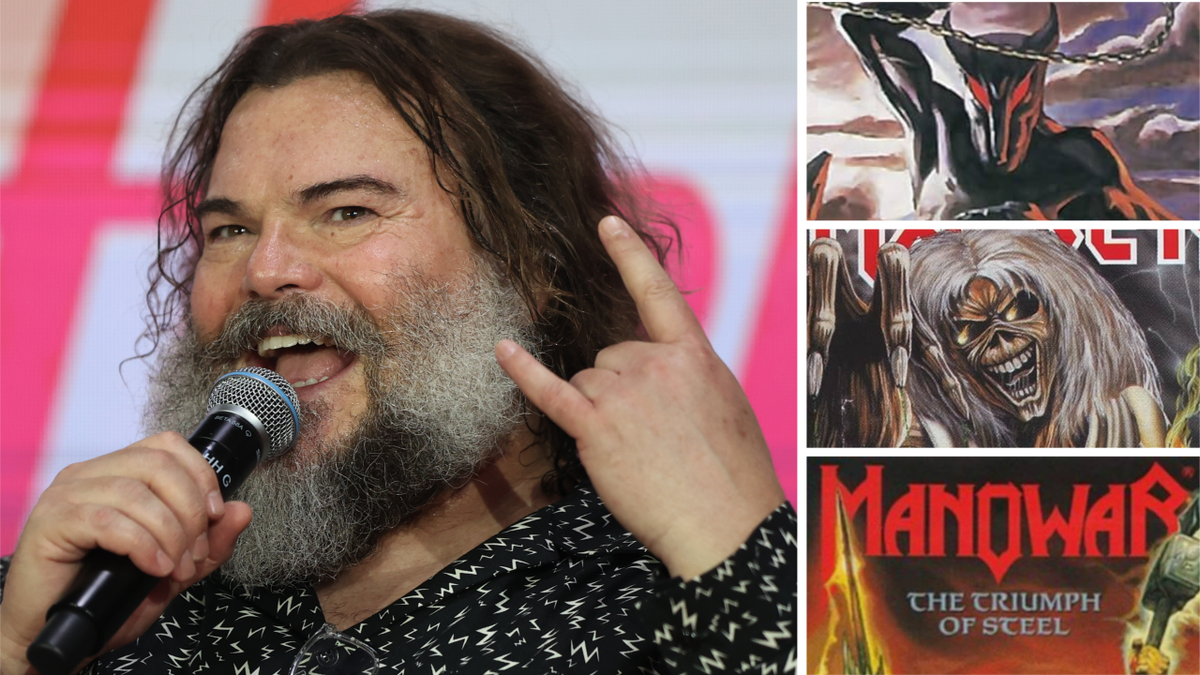 Jack Black in 2024, next to album art by Dio, Iron Maiden and Manowar