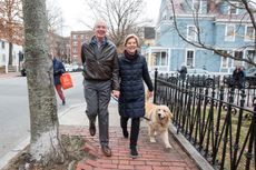 Elizabeth Warren walks her dog