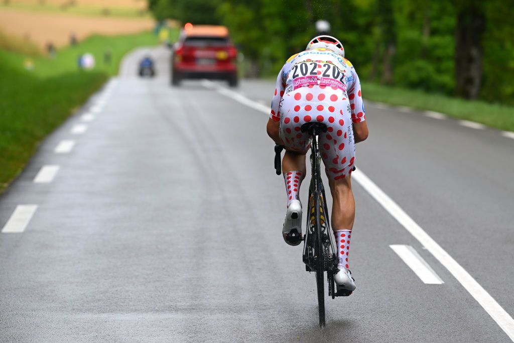 COLOMBEYLESDEUXEGLISES FRANCE JULY 06 Jonas Abrahamsen of Norway and Team UnoX Mobility Polka dot Mountain Jersey competes in the breakaway during the 111th Tour de France 2024 Stage 8 a 1834km stage from SemurenAuxois to ColombeylesDeuxEglises 352m UCIWT on July 06 2024 in ColombeylesDeuxEglises France Photo by Dario BelingheriGetty Images