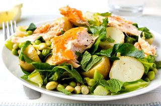 Warm salmon and minted vegetable salad