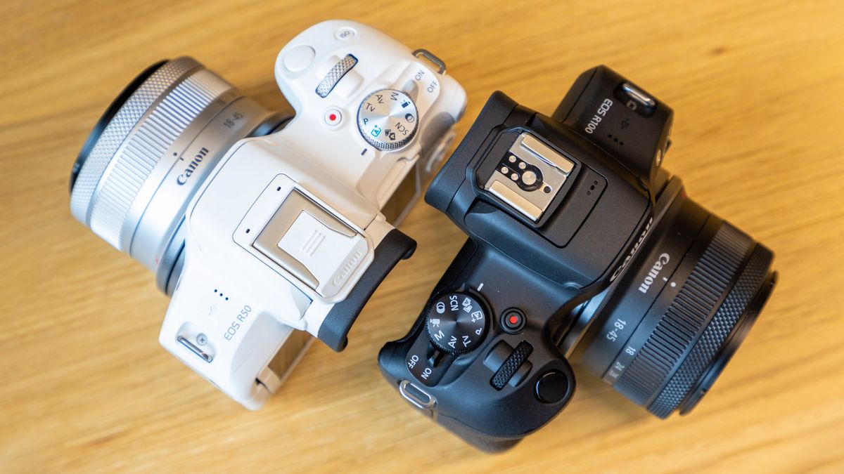 Canon EOS R100 camera on a table with a striped background
