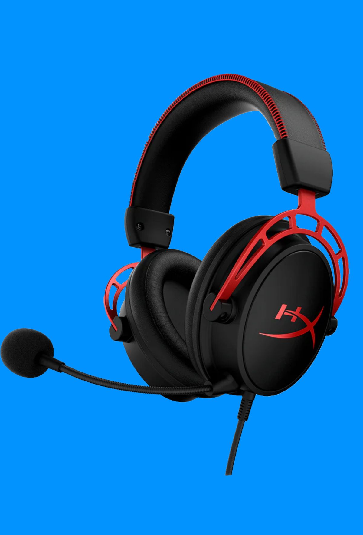 The HyperX Cloud Alpha wired gaming headset on a blue background