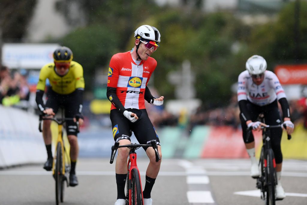 A COLLE-SUR-LOUP, FRANCE - MARCH 08: Mattias Skjelmose of Denmark and Team Lidl - Trek (C) celebrates at finish line as stage winner ahead of Matteo Jorgenson of The United States and Team Visma | Lease a Bike (L) and Brandon Mcnulty of The United States and UAE Team Emirates (R) during the 82nd Paris - Nice 2024, Stage 6 a 198.2km stage from Sisteron to La Colle-sur-Loup / #UCIWT / on March 08, 2024 in La Colle-sur-Loup, France. (Photo by Alex Broadway/Getty Images)