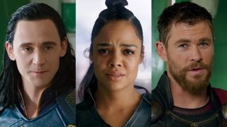 From left to right: Tom Hiddleston as Loki, Tessa Thompson as Valkyri and Chris Hemsworth as Thor in Thor: Ragnarok. 