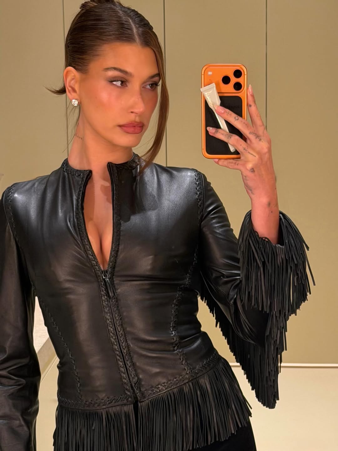 Hailey Bieber celebrated her November 2025 birthday in a vintage leather Versace jacket