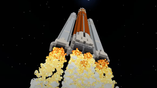 rocket soaring to space as a minecraft block format