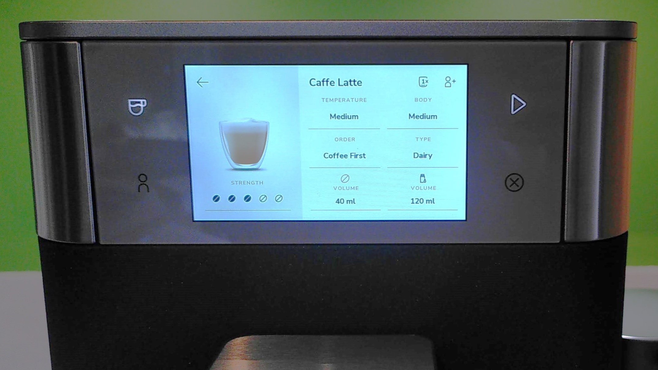 Options menu for making caffe latte using Kitchenaid Fully Automatic Espresso Machine KF8