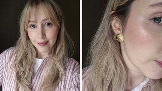 On the left, a close-up picture of Digital Beauty Writer with a fringe and the Hourglass blush duo applied to her cheeks, taken in the morning in natural lighting and on the right, a close-up of just her cheek in the same lighting, to show the shade and glow.