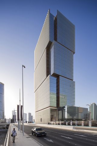 The sophisticated push and pull effect of the glazed façades breaks up the 24-storey massing of the Al Hilal Bank Tower in Abu Dhabi, UAE. The tower by Goettsch Partners was a finalist in the Middle East & Africa category