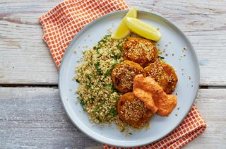 Dinner ideas for two: Sweet potato falafel with herby couscous and pepper sauce
