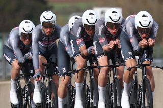 Alpecin-Deceuninck's riders cycle during the 3rd stage of the Paris-Nice cycling race, a 28,4 km team time trial between Nevers Magny-Cours Circuit and Nevers, on March 11, 2025. (Photo by Anne-Christine POUJOULAT / AFP)