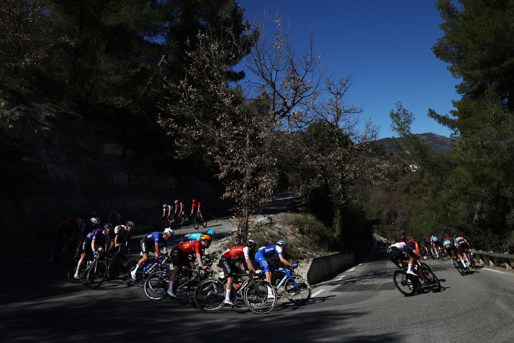 The pack of riders cycles during the 8th and final stage of the 81st Paris Nice cycling race 1175 km between Nice and Nice southeastern France on March 12 2023 Photo by AnneChristine POUJOULAT AFP Photo by ANNECHRISTINE POUJOULATAFP via Getty Images
