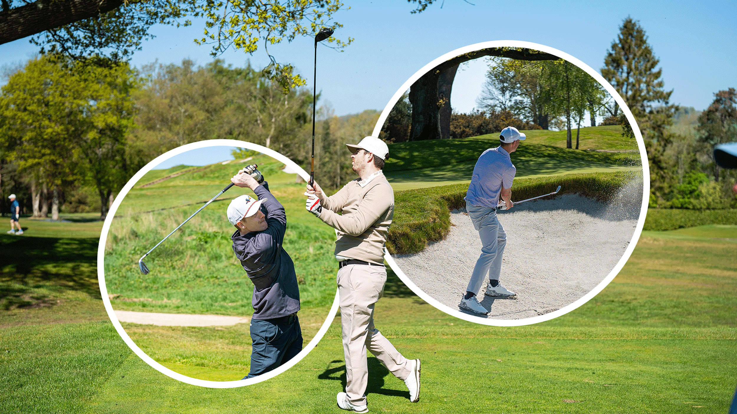 Three amateur golfers hitting a driver, iron shot and bunker shot on the golf course