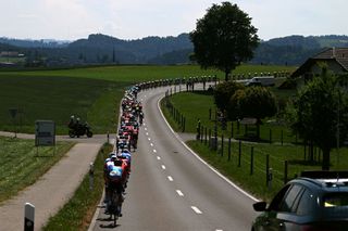 NOTTWIL SWITZERLAND JUNE 12 A general view of the peloton competing during the 86th Tour de Suisse 2023 Stage 2 a 1737km stage from Beromnster to Nottwil UCIWT on June 12 2023 in Nottwil Switzerland Photo by Dario BelingheriGetty Images