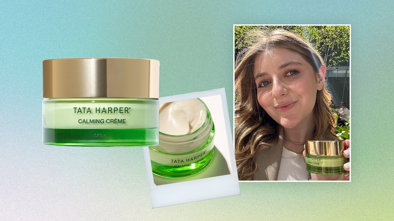 a collage of the new Tata Harper calming creme with beauty editor sam holender