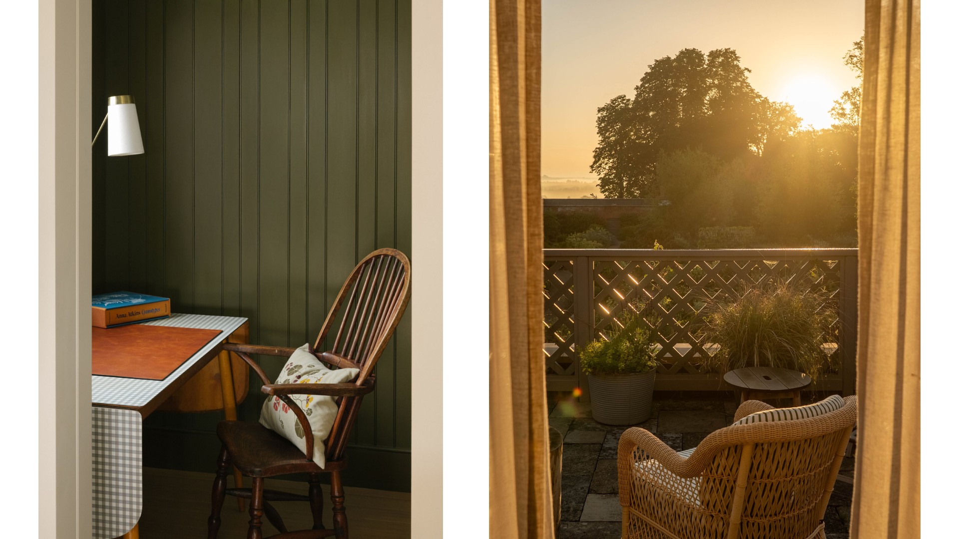 Left: A small writing desk with a wooden chair and floral cushion against olive-green panelled walls, lit by a modern white wall lamp. Right: A wicker chair on a terrace at sunset, looking out over trees and the garden.