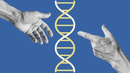 Two black and white hands reach for each other with a DNA double helix between them