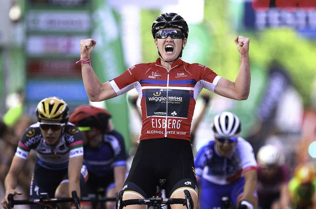Jolien D'hoore celebrates a win on the final stage of the Ovo Women's Tour.