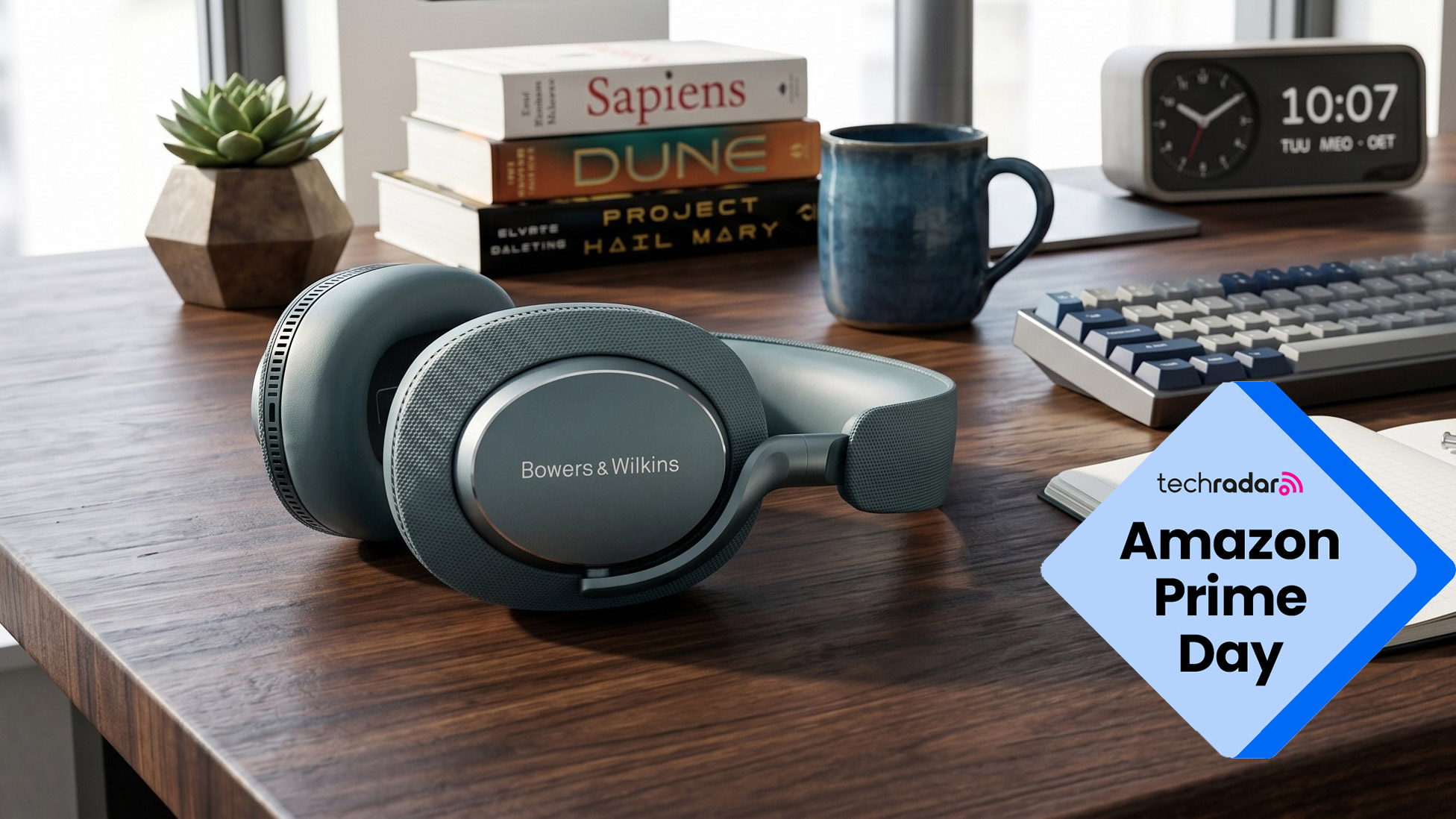 Bowers &amp; Wilkins Px7 S3 headphones in Frost Blue, laying on a computer desk.