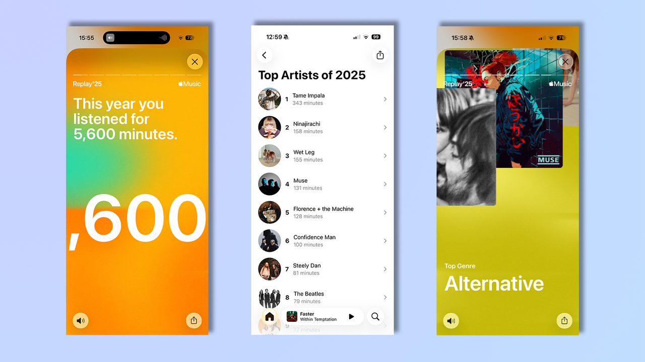 three screenshots from the apple music replay 2025 results showing minutes, artists, and genres