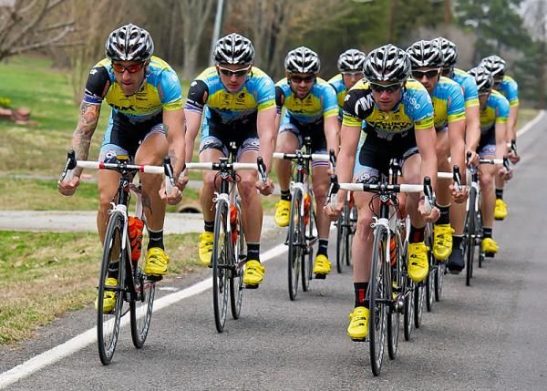 The Team Mountain Khakis-SmartStop team rolls along on rural North Carolina roads.