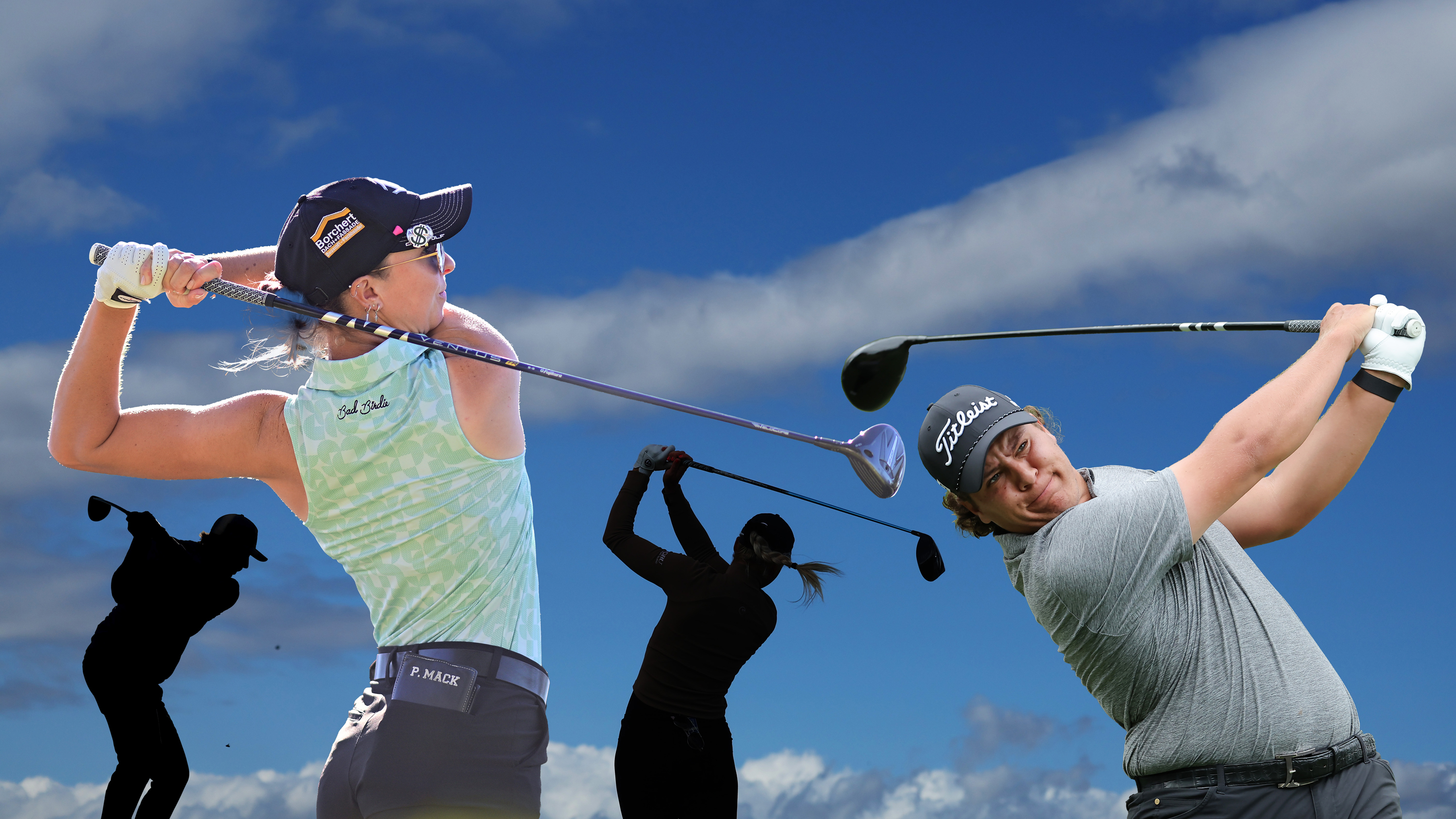 Aldrich Potgieter, Polly Mack, a silhouette of an unnamed male amateur golfer and a silhouette of an unnamed female amateur golfer all hitting driver on the golf course