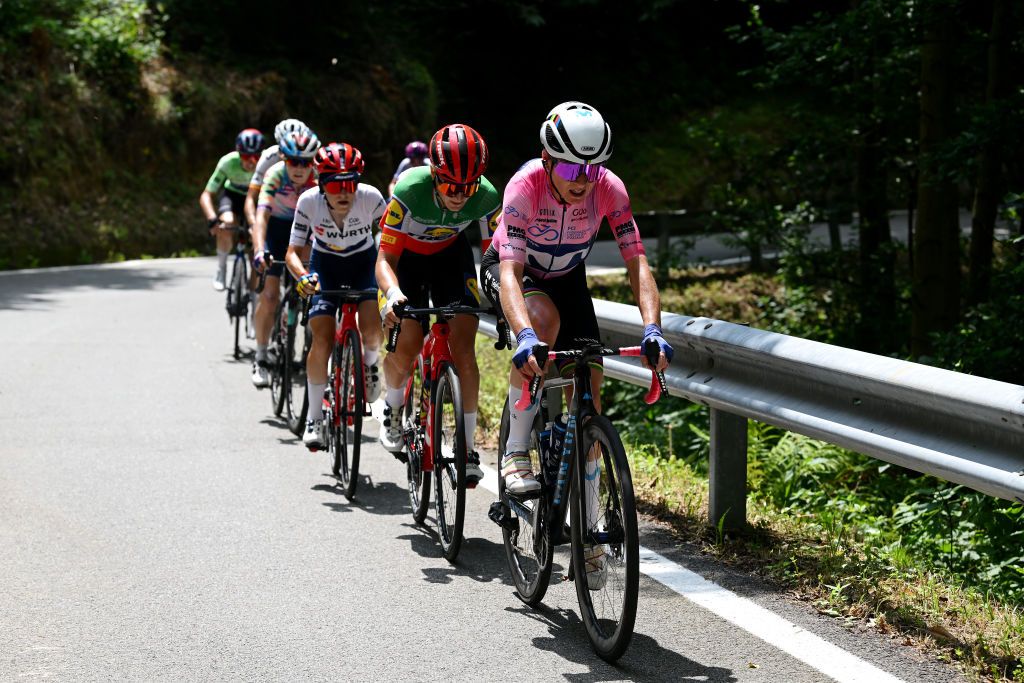 CERES ITALY JULY 04 Elisa Longo Borghini of Italy and Team Lidl Trek and Annemiek Van Vleuten of The Netherlands and Movistar Team Pink Leader Jersey lead the peloton during the 34th Giro dItalia Donne 2023 Stage 5 a 1056km stage from Salassa to Ceres UCIWWT on July 04 2023 in Ceres Italy Photo by Dario BelingheriGetty Images