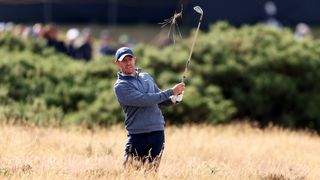 Rory McIlroy of Northern Ireland plays a shot on the 9th hole during Day Two of The 150th Open at St Andrews Old Course on July 15, 2022 in St Andrews, Scotland.