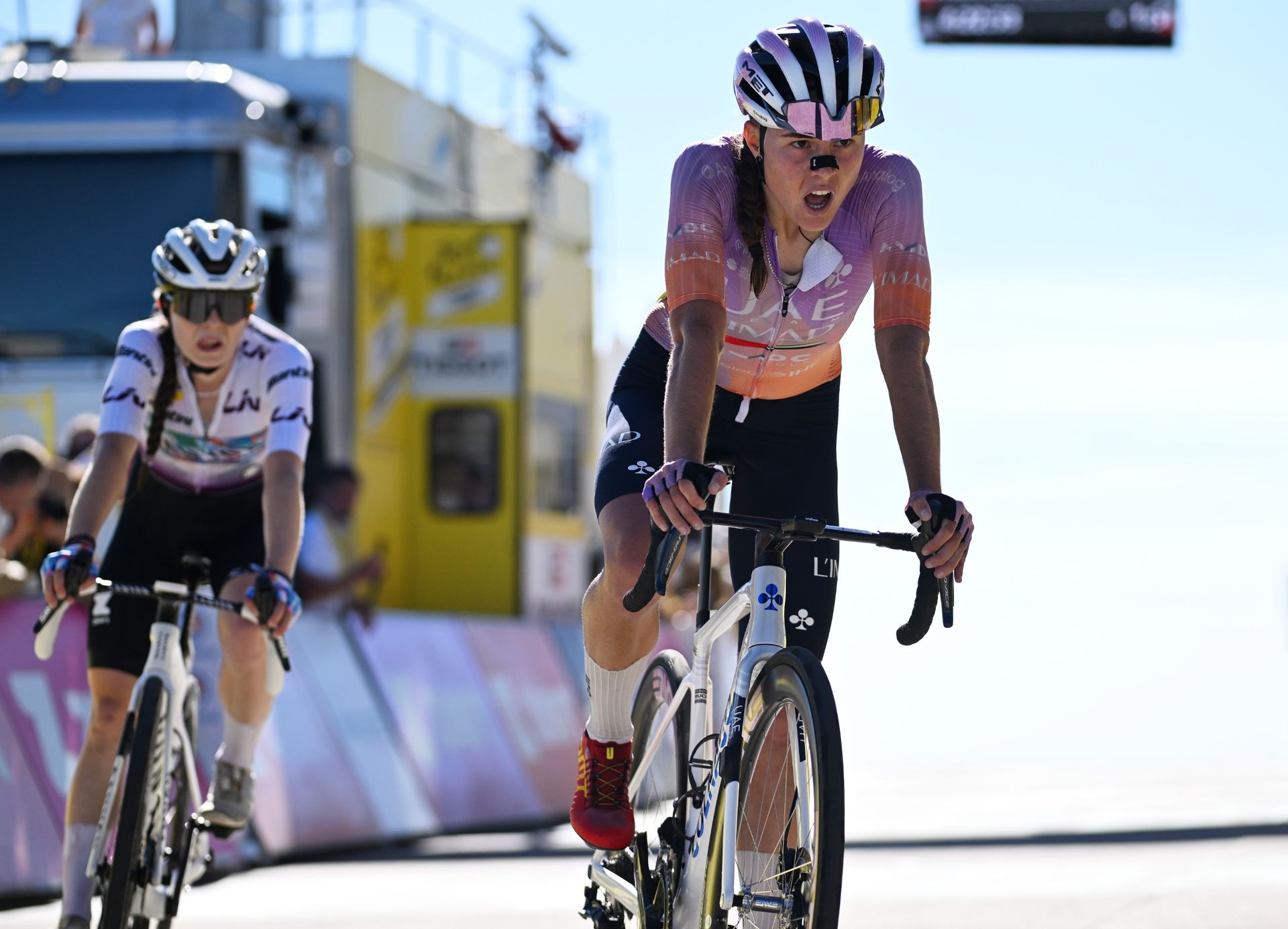 Paula Blasi of UAE Team L'IMAD crosses the finish line of stage 7 at the 2026 Tour de France Femmes 2026