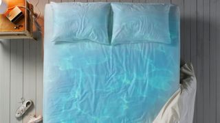 A photo of a waterbed taken from above with the effect of blue water appearing on the bed