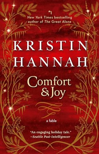 'Comfort & Joy: A Fable' book cover with a red backdrop and gold winter plant like design