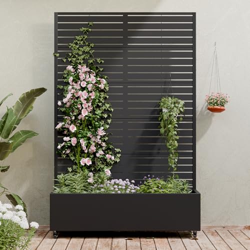 Casaphoria Metal Raised Garden Bed With Trellis and Wheels, 72"x47"x16" Planter Box for Climbing Plants, Vegetables &amp;amp; Vines, Features Drainage Holes and Privacy Screen (black-Louver)