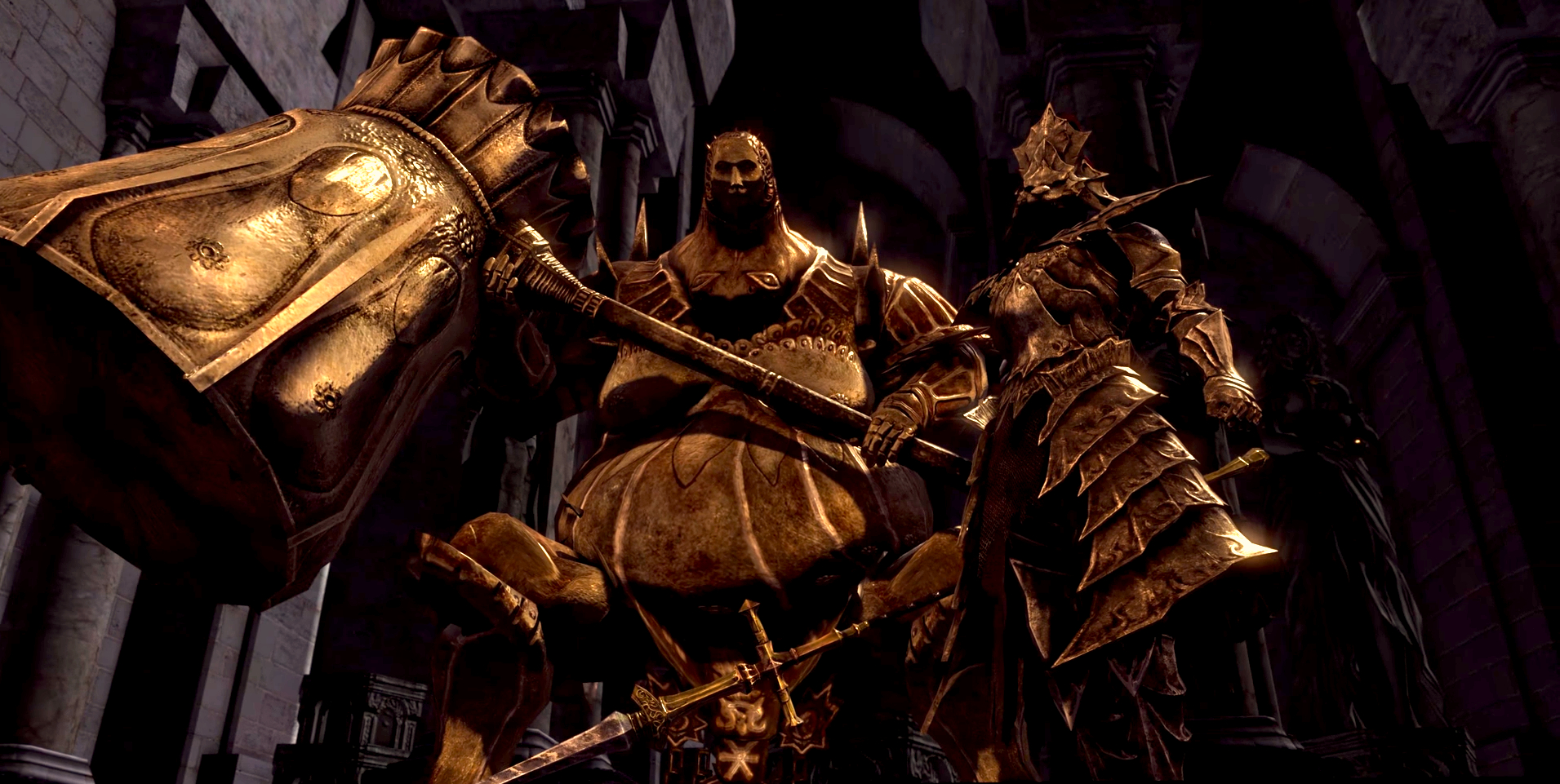 Dark Souls - Ornstein ve Smough patronları altın zırhları içinde ve patronlarının dövüşünden önceki ara sahnede silahlarını tutuyorlar.