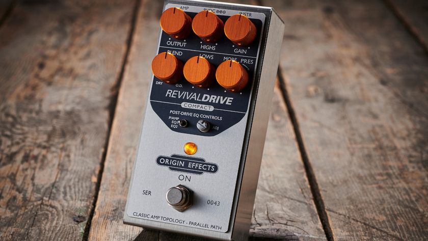 An Origin Effects Revival Drive overdrive pedal on a wooden floor