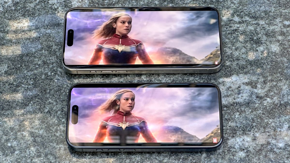 iPhone 15 Pro and iPhone 15 Pro Max displaying trailer for The Marvels