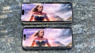 iPhone 15 Pro and iPhone 15 Pro Max displaying trailer for The Marvels