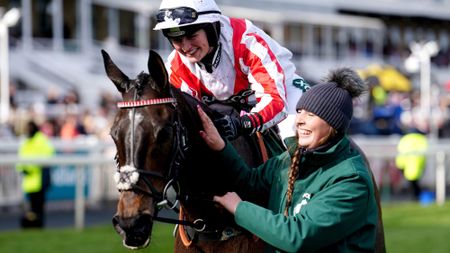 2J3CRR3 Jockey Gina Andrews celebrates on Latenightpass after winning the Randox Foxhunters' Open Hunters' Chase at Aintree Racecourse, Liverpool. Picture date: Thursday April 7, 2022.
