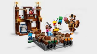 Lego minifigures battle against a zombie riding a chicken and a giant golem