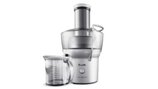 Best juicers: The Breville Juice Fountain Compact BJE200XL in all-chrome and pictured with a plastic jug