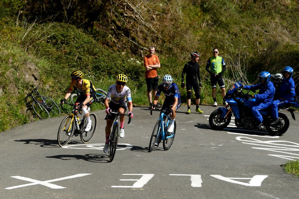 EIBAR SPAIN APRIL 08 LR Steven Kruijswijk of The Netherlands and Team Jumbo Visma Jhoan Esteban Chaves Rubio of Colombia and Team EF Education Easypost and Ruben Guerreiro of Portugal and Movistar Team compete in the breakaway climbing to the Krabelin 576m during the 62nd Itzulia Basque Country Stage 6 a 1378km stage from Eibar to Eibar UCIWT on April 08 2023 in Eibar Spain Photo by David RamosGetty Images
