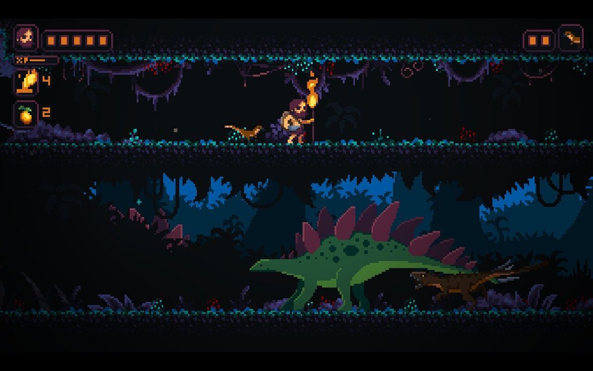 A screenshot from Primal Planet showing the protagonist exploring a lush jungle environment