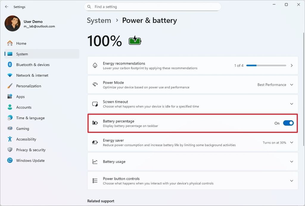 Battery percentage option for the Taskbar