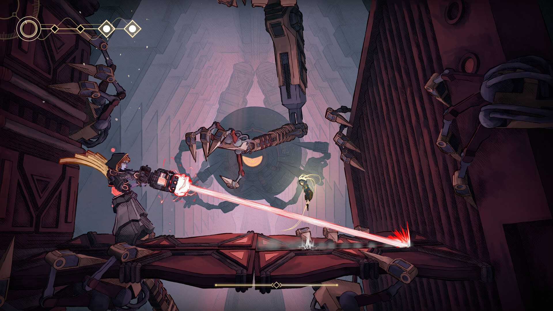 MIO: Memories in Orbit screenshot showing a big foe blasting a shot towards Mio, who's a small robot. A giant mechanical arm is also suspended in the air in the center