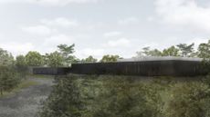 Artists impression of the new UK national supercomputer at the University of Edinburgh, with supercomputing hub surrounded by trees and shrubbery.